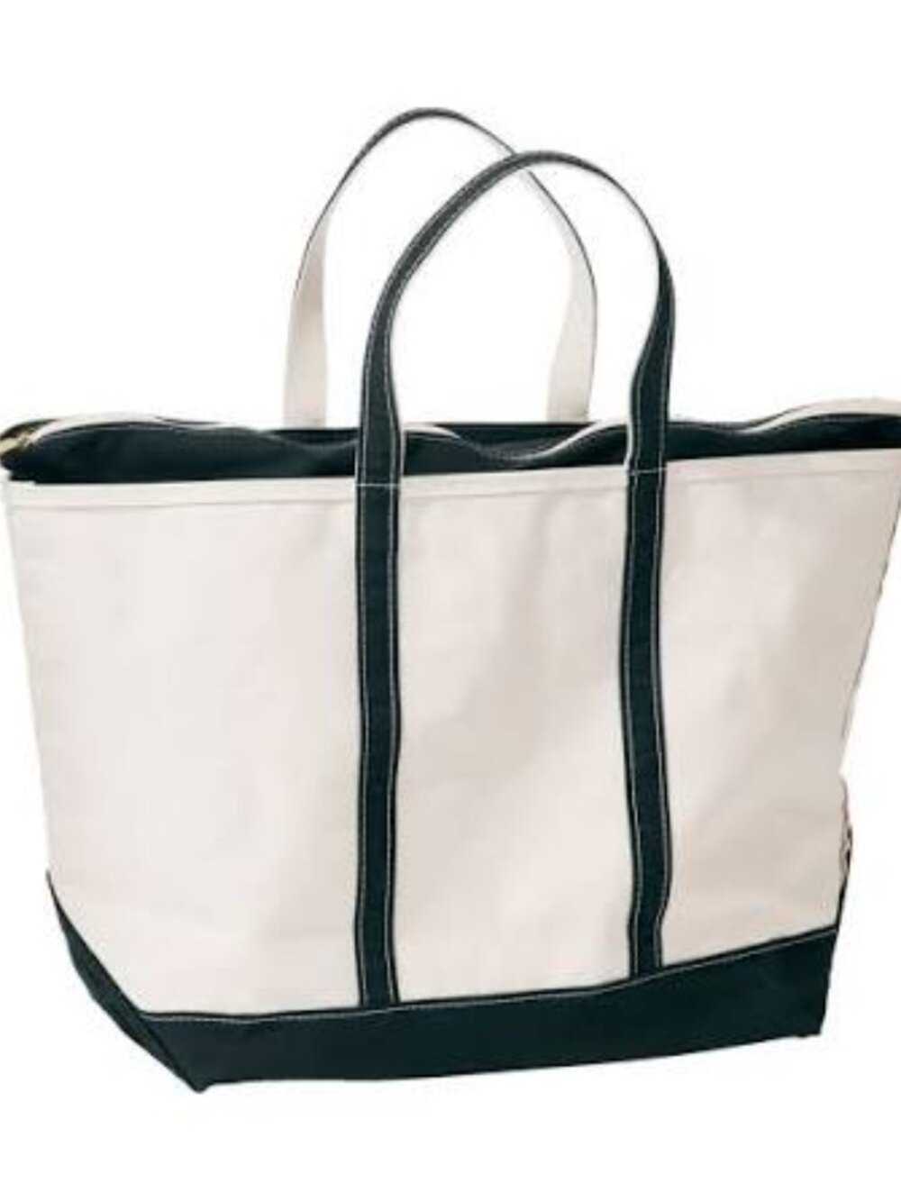 Vintage L. L. BEAN Large Zip Top Natural + Navy Blue Boat Tote Bag - 1992